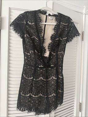 Black Lace Mini Romper with Nude Lining
